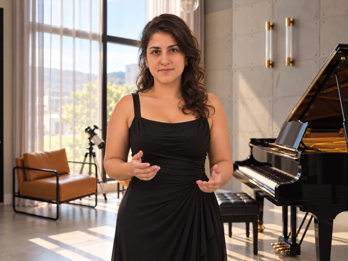 Sylvia de Morais in her studio, next to the grand piano, explaining with open hands